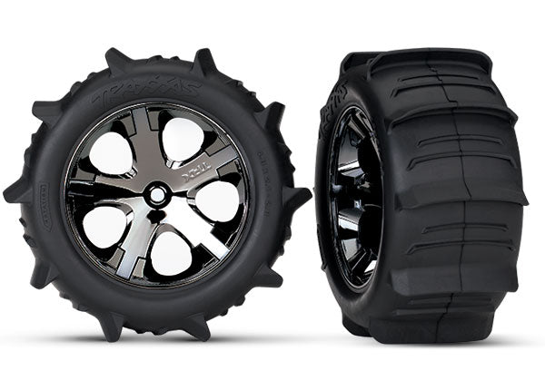 Traxxas 3776 Tires & Wheels, assembled, glued (2.8') (All-Star black chrome Wheels, paddle Tires, foam Inserts) (2WD electric Rear) (2) (TSM Rated) - TRA3776