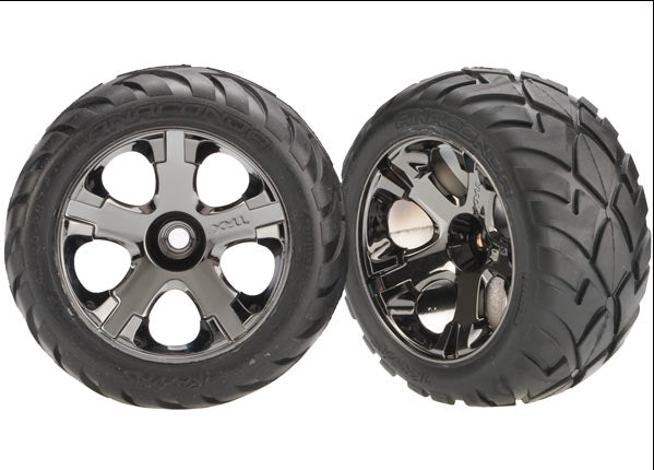 Traxxas 3777A Tires & Wheels , assembled , glued (All-Star black chrome Wheels , Anaconda Tires , foam Inserts) (nitro Front) (1 left , 1 right) - TRA3777A