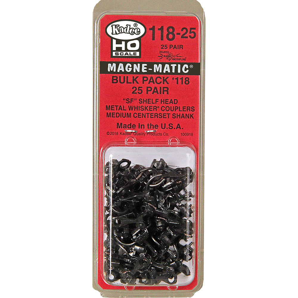 Kadee #118-25 Bulk Pack - 25 Pairs #118 SF Shelf Whisker Metal Couplers -- Medium (9/32") Centerset Shank - 380-11825