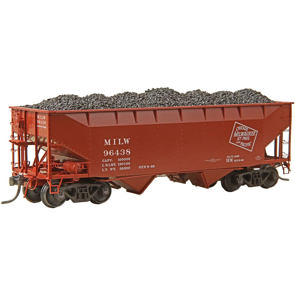 50-Ton AAR Standard Offset 2-Bay Open Hopper with Coal Load - Ready to Run -- Milwaukee Road #96438 (As-Delivered 1948, red oxide, CMStP&P Logo)
