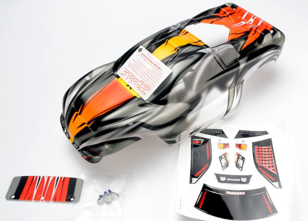 Traxxas 4411R Body , Nitro Rustler , ProGraphix (Replacement for the painted Body. Graphics are painted , requires paint & final color application.) / window , grille , lights Decal Sheet / wing and aluminum Hardware - TRA4411R