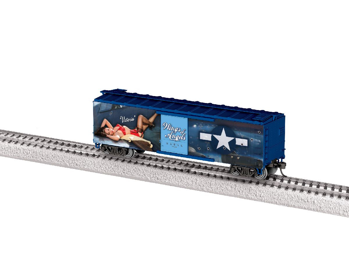 Lionel HO 2654120 40' Steel Flat-End Boxcar - Ready to Run -- Wings of Angels (Victoria, blue, Military Pin-Up Model Graphics)