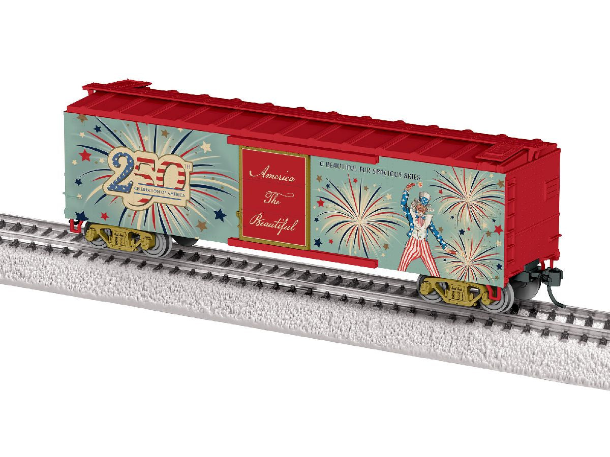 Lionel HO 2654310 40' Steel Flat-End Boxcar with Sound - Ready-to-Run -- 250th Celebration of America (blue, red, Uncle Sam & Fireworks)