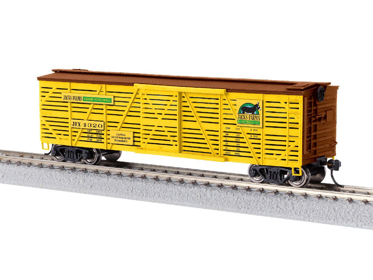 Lionel HO 2654320 40' Stock Car w/Sounds - Ready to Run -- Jack's Donkey Farm JFX #4320 (yellow, Boxcar Red)