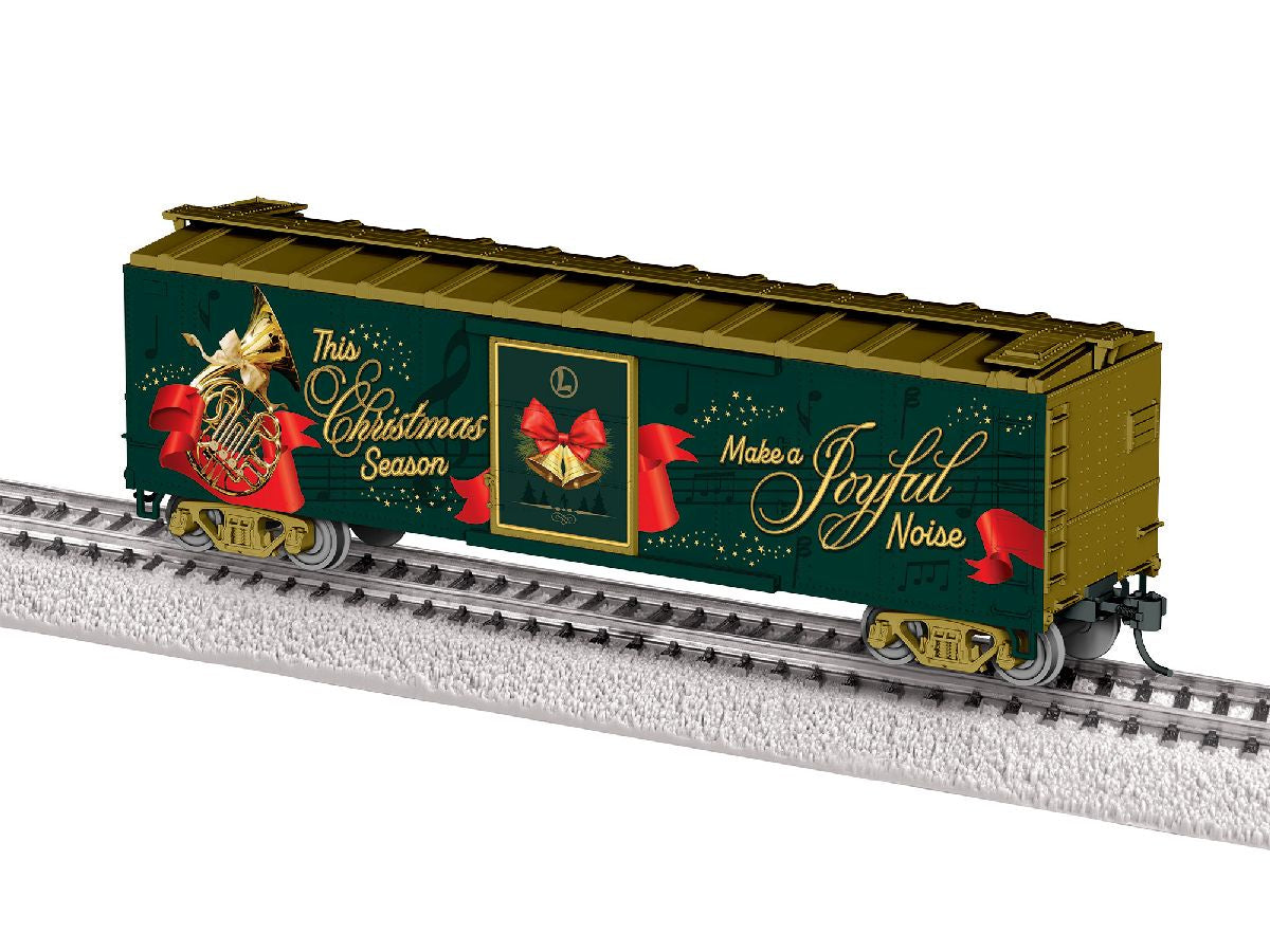 Lionel HO 2654350 40' Steel Flat-End Boxcar with Sound - Ready-to-Run -- Christmas (green, gold, red)