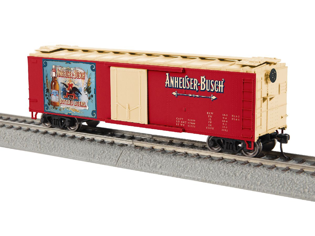 Lionel HO 2654370 40' Steel Flat-End Plug-Door Reefer/Boxcar - Ready to Run -- Anheuser-Busch (Bottled Beers Vintage Ad, red, cream)