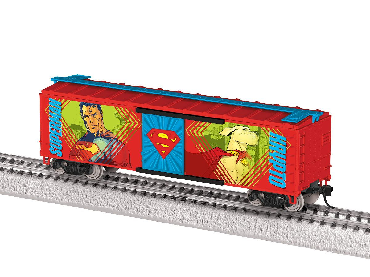 Lionel HO 2654430 40' Steel Flat-End Boxcar - Ready to Run -- DC Superman (red, blue, Cartoon Scenes)