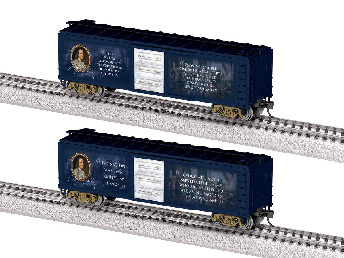 Lionel HO 2664130 40' Steel Flat-End Boxcar - Ready to Run -- Ben Franklin (blue, white)
