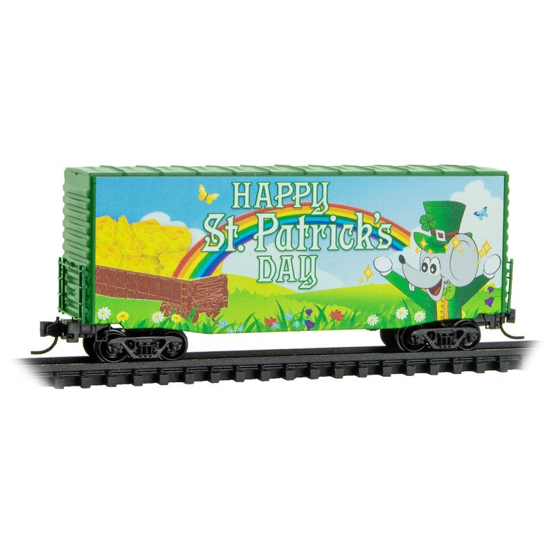 Micro-Trains N Modified Pullman-Standard 40' Hy-Cube Boxcar - Ready to Run -- Micro-Mouse St. Patrick's Day (green, blue, yellow)