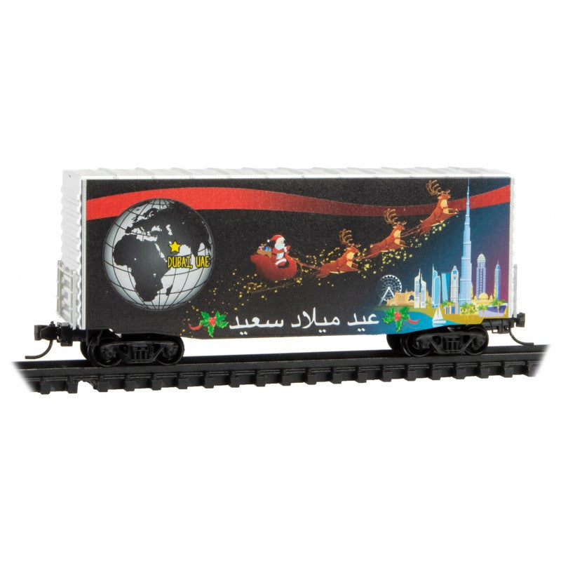 Micro-Trains Modified P-S 40' Hy-Cube Boxcar - Ready to Run - Christmas Around The World -- Dubai/Barcelona (black, red, white, gray) - 489-10157740