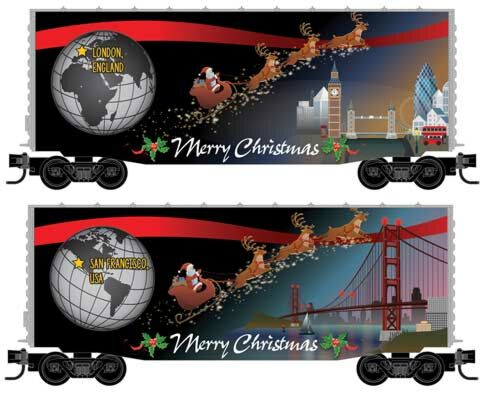 Micro-Trains Modified P-S 40' Hy-Cube Boxcar - Ready to Run - Christmas Around The World -- London/San Francisco (black, red, white, gray) - 489-10158740