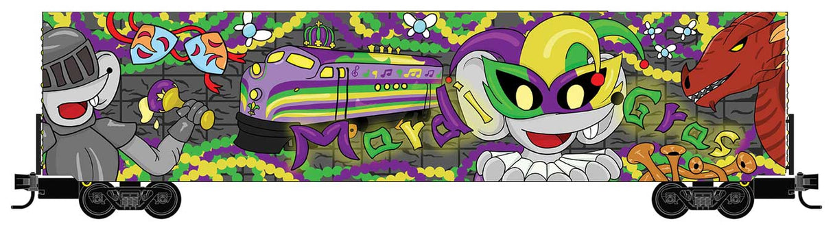Modified 60' Excess-Height Double-Plug-Door Boxcar - Ready-to-Run -- Micro-Mouse Mardi Gras (purple, gray, yellow, green)