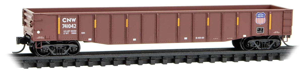 Micro-Trains N 50' Steel 15-Panel Fixed-End Fishbelly-Side Gondola - Ready to Run -- Union Pacific CNW #741042 (Boxcar Red, Small Logo, yellow conspicuity marks)