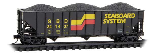 100-Ton 3-Bay Ribside Open Hopper w/Coal Load - Ready to Run -- Seaboard System #341437 (black, yellow, red)