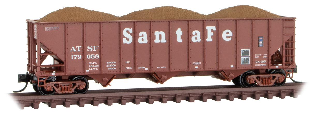 Micro-Trains 100-Ton 3-Bay Ribside Open Hopper with Load - Ready to Run -- Santa Fe 179697 (Boxcar Red, Large Cooper Lettering) - 489-10800124