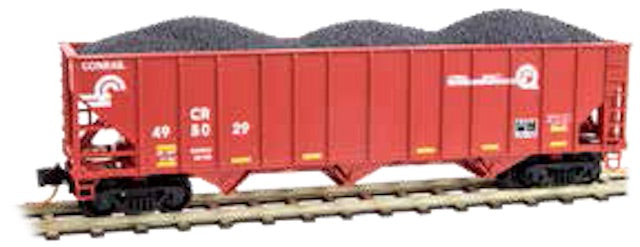 Micro-Trains 100-Ton 3-Bay Ribside Open Hopper w/Coal Load - Ready to Run -- Conrail #495029 (Boxcar Red, white, Quality Logo) - 489-10800322