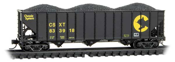 Micro-Trains 100-Ton 3-Bay Ribside Open Hopper w/Coal Load - Ready to Run -- CSX #833918 (Relettered Ex-Chessie, black, yellow) - 489-10800442