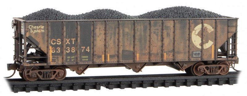 Micro-Trains 100-Ton 3-Bay Ribside Open Hopper w/Coal Load - Ready to Run -- CSX #833874 (Weathered, black, yellow, CSX Family Series #9) - 489-10844440