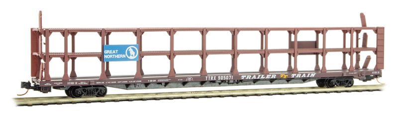 Micro-Trains 89' Tri-Level Open Auto Rack - Ready to Run -- Great Northern TTRX 905071 (Boxcar Red, Big Sky Blue, Rocky Logo) - 489-11200100