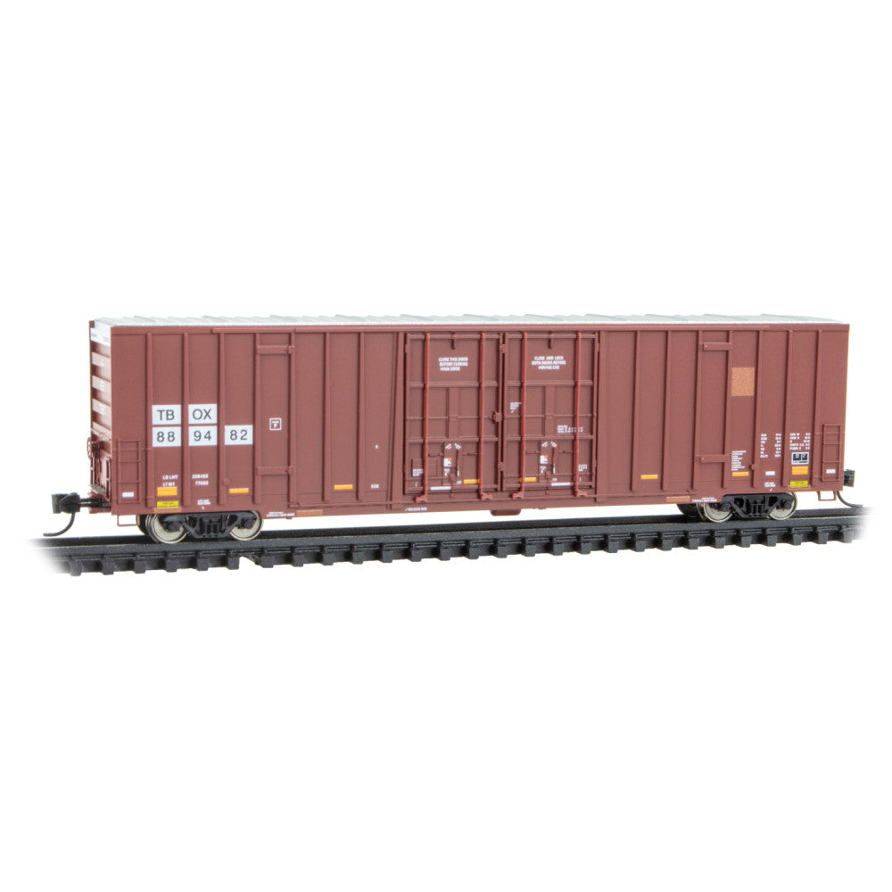 Micro-Trains N 60' Rib-Side, Double-Plug-Door High-Cube Boxcar - Ready to Run -- TTX TBOX #889482 (Ex-AOK, Boxcar Red, yellow conspicuity marks)