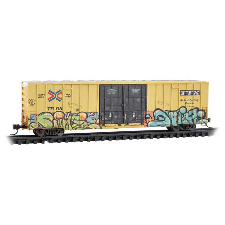 Micro-Trains N 60' Rib-Side, Double-Plug-Door High-Cube Boxcar - Ready to Run -- Railbox #665822 (Weathered, yellow, black, Graffiti)