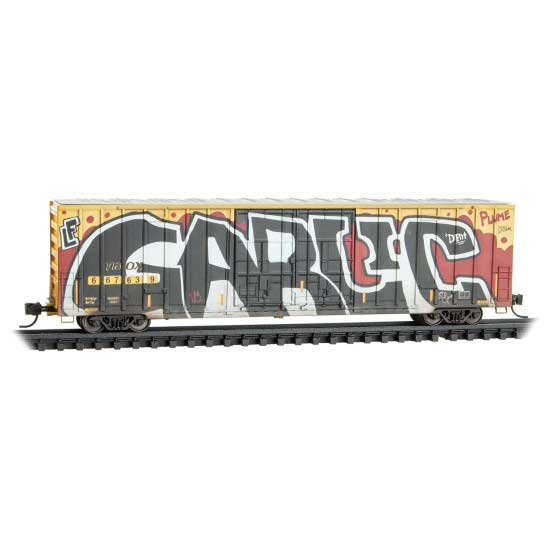 60' Rib-Side, Double-Plug-Door High-Cube Boxcar - Ready to Run -- TTX TBOX #667639 (Weathered, yellow, black, graffiti)