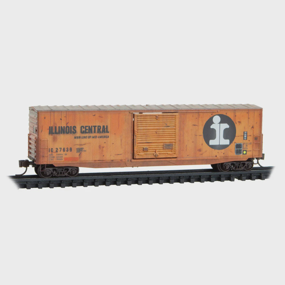 Micro-Trains N 	50' Boxcar with 10' Door, No Roofwalk, Short Ladders & Plank Door - Ready t -- Illinois Central #27639 (Weathered, orange, black, white)