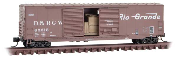 Micro-Trains 50' Double-Door Boxcar 8' Doors, No Roofwalk, Load - Ready to Run -- Denver & Rio Grande Western 63315 (Boxcar Red, Flying Grande Logo) - 489-18200161