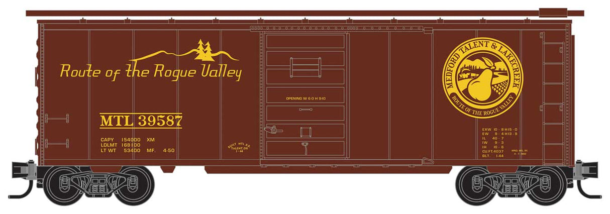 Micro-Trains 40' Single-Door Boxcar - Ready to Run -- Medford, Talent & Lake Creek #39587 (Fantasy Scheme, maroon, yellow) - 489-2050307