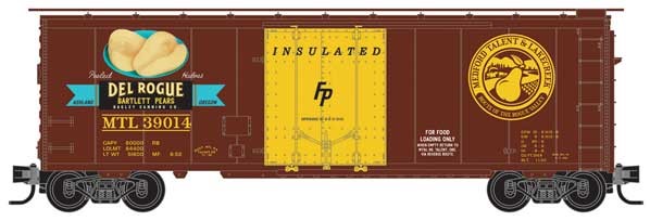 Micro-Trains 40' Plug-Door Boxcar - Ready to Run -- Medford, Talent & Lakecreek #39014 (Boxcar Red, yellow, Del Rogue Pears Logo - 489-2150621