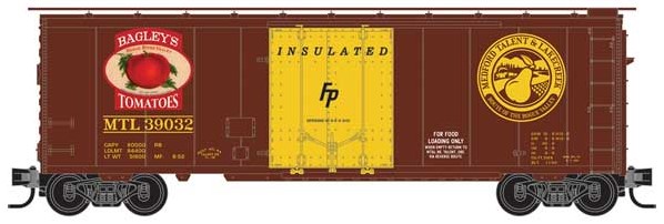Micro-Trains 40' Plug-Door Boxcar - Ready to Run -- Medford, Talent & Lakecreek #39032 (Boxcar Red, yellow, Bagley Tomatoes Logo - 489-2150622
