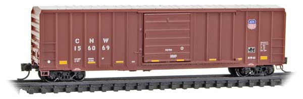Micro-Trains N 50' Rib-Side Single-Door Boxcar No Roofwalk - Ready to Run -- Union Pacific CNW #156069 (Boxcar Red, Small Logo, yellow conspicuity marks)