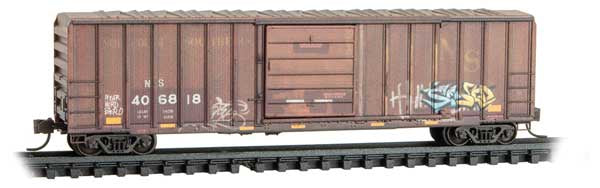 Micro-Trains N 50' Rib-Side Single-Door Boxcar No Roofwalk - Ready to Run -- Original Norfolk Southern #406818 (Weathered, Boxcar Red, yellow, graffiti #