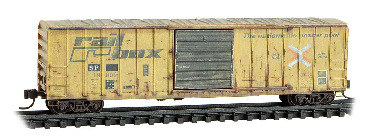 Micro-Trains N 50' Rib-Side Single-Door Boxcar No Roofwalk - Ready to Run -- Southern Pacific #19009 (Weathered, Ex-Railbox, yellow, black, #5 in Series)