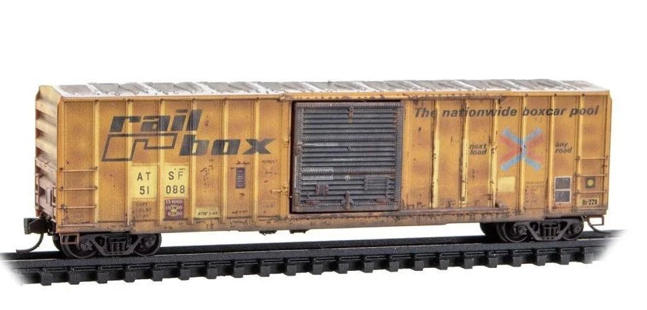 Micro-Trains 025 44 446 N 50' Rib-Side Single-Door Boxcar No Roofwalk - Ready to Run -- Santa Fe #51088 (Weathered, Ex-Railbox, yellow, black, Series #10)