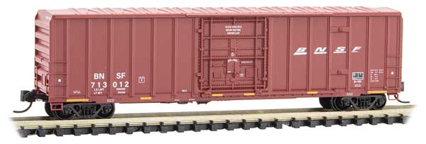 Micro-Trains 50' Rib-Side Plug-Door Boxcar No Roofwalk - Ready to Run -- BNSF Railway 713012 (Boxcar Red, Wedge Logo, yellow conspicuity marks) - 489-2700440