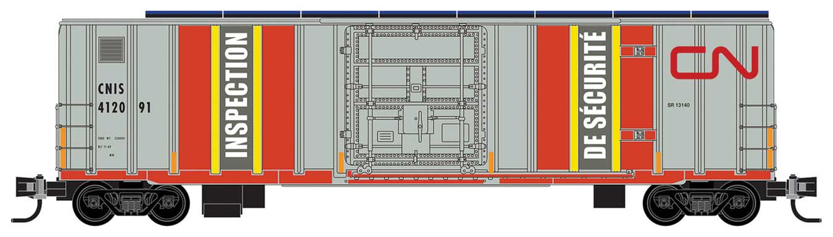 Micro-Trains N 50' Rib-Side Plug-Door Boxcar No Roofwalk - Ready to Run -- Canadian National #412091 (Track Inspection Car, gray, orange, yellow)