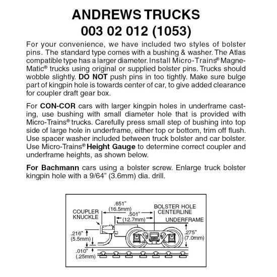 Micro-Trains N Scale Andrews Trucks -- With Medium Couplers  1 Pair