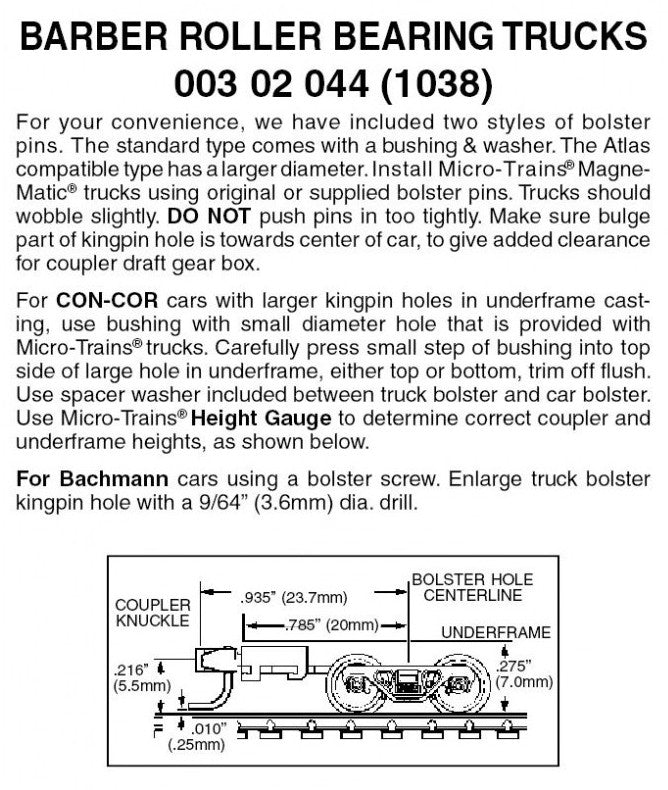 Micro-Trains N Scale Barber Roller-Bearing Trucks -- With Long Extended Couplers  1 Pair