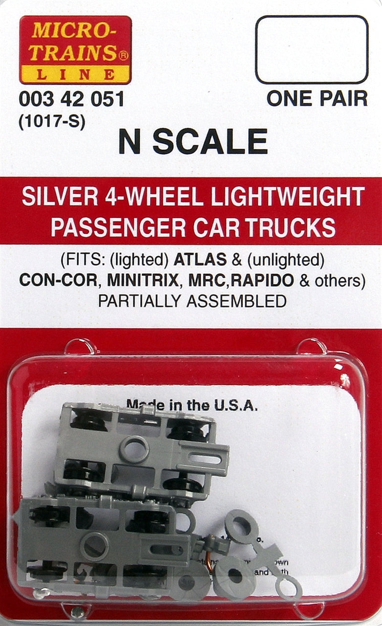 Micro-Trains N Scale Four-Wheel Passenger Car Trucks -- Standard w/Adjustable Couplers (Silver)  1 Pair