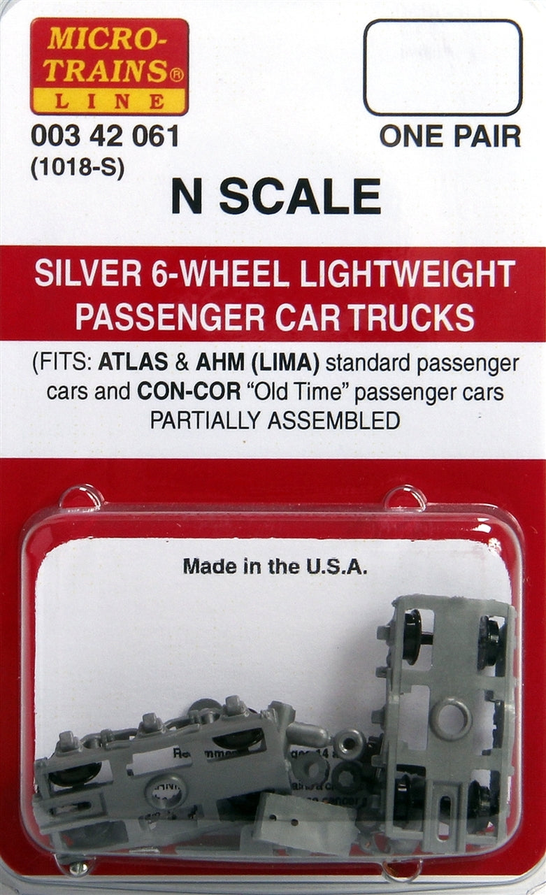 Micro-Trains N Scale Six-Wheel Passenger Car Trucks -- Standard w/Adjustable Couplers (Silver)  1 Pair