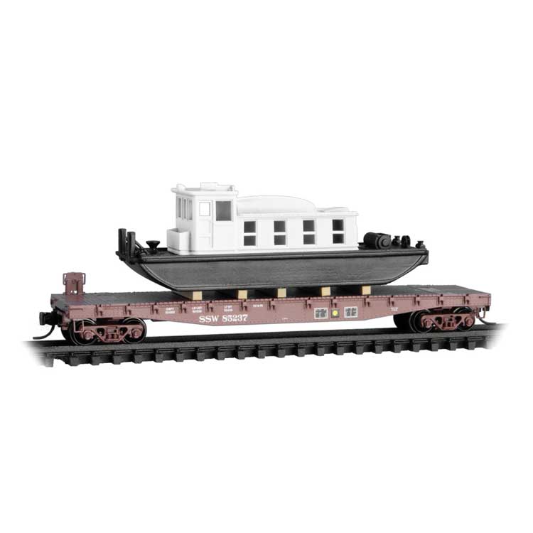 50' Fishbelly-Side Flatcar w/Tug Boat Load Kit - Ready to Run -- Cotton Belt SSW #85237 (Boxcar Red)