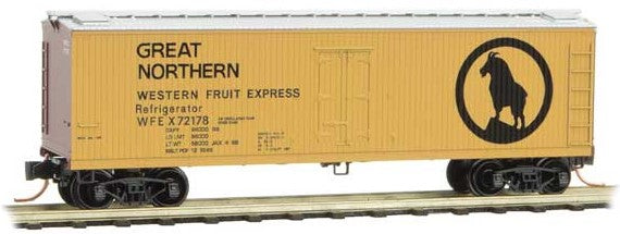 Micro-Trains 40' Double-Sheathed Wood Reefer - Ready to Run -- Great Northern WFEX 72178 (yellow, silver, black, Large Rocky Logo) - 489-4700420