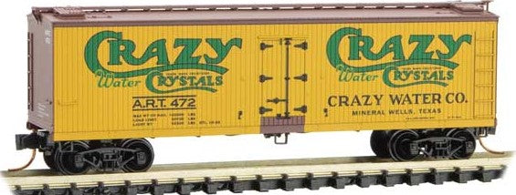 Micro-Trains 40' Double-Sheathed Wood Reefer with Vertical Brake Wheel - Ready to Run -- Crazy Water Co. ART 472 (yellow, Boxcar Red, green) - 489-4900800