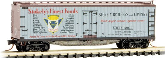 Micro-Trains 40' Double-Sheathed Wood Reefer with Vertical Brake Wheel - Ready to Run -- Stokely Brothers and Company SBIX 12911 (gray, Boxcar Red, Farm Table Serie - 489-4900830