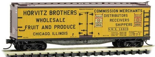 Micro-Trains 40' Double-Sheathed Wood Reefer with Vertical Brake Wheel - Ready to Run -- Horvitz Brothers Wholesale NWX 14404 (yellow, Boxcar Red, Farm-to-Table 11) - 489-4900870