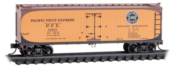 Micro-Trains N 40' Double-Sheathed Wood Reefer w/Vertical Brake Wheel - Ready to Run -- Pacific Fruit Express #11013 (Early, yellow, Boxcar Red, black, SP Logo)