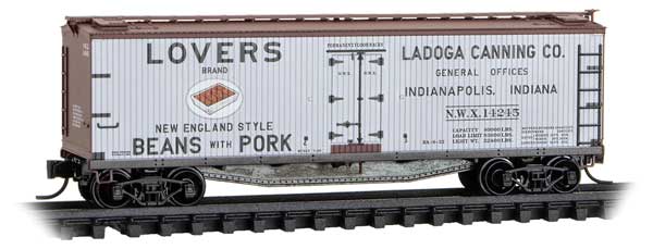Micro-Trains N 40' Double-Sheathed Wood Reefer w/Vertical Brake Wheel - Ready to Run -- Ladoga Canning NWX #14245 (gray, Boxcar Red, Lovers Brand)
