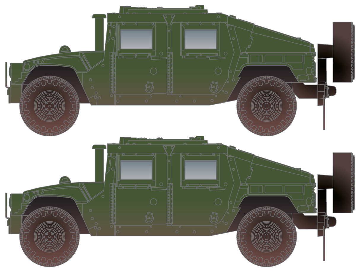 Micro-Trains Humvee(R) Military Vehicle 2-Pack - Assembled -- Olive Drab (weathered) - 489-49944002