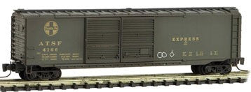 Micro-Trains 50' Double-Door Express Boxcar - Ready to Run -- Santa Fe #4166 (Weathered, Pullman Green, Hobo Graffiti) - 489-50644340